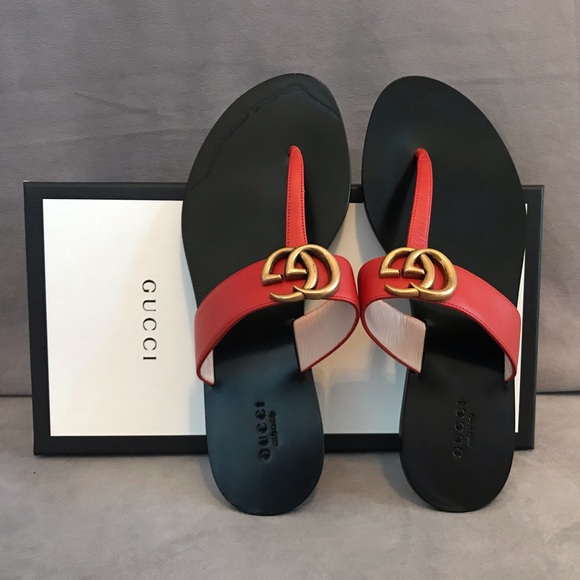 Gucci Shoes - Gucci Marmont Leather Thong Sandal with Double G